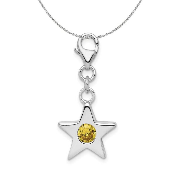 Silver November CZ Birthstone 13mm Star Clip-on Charm Necklace - 24 In